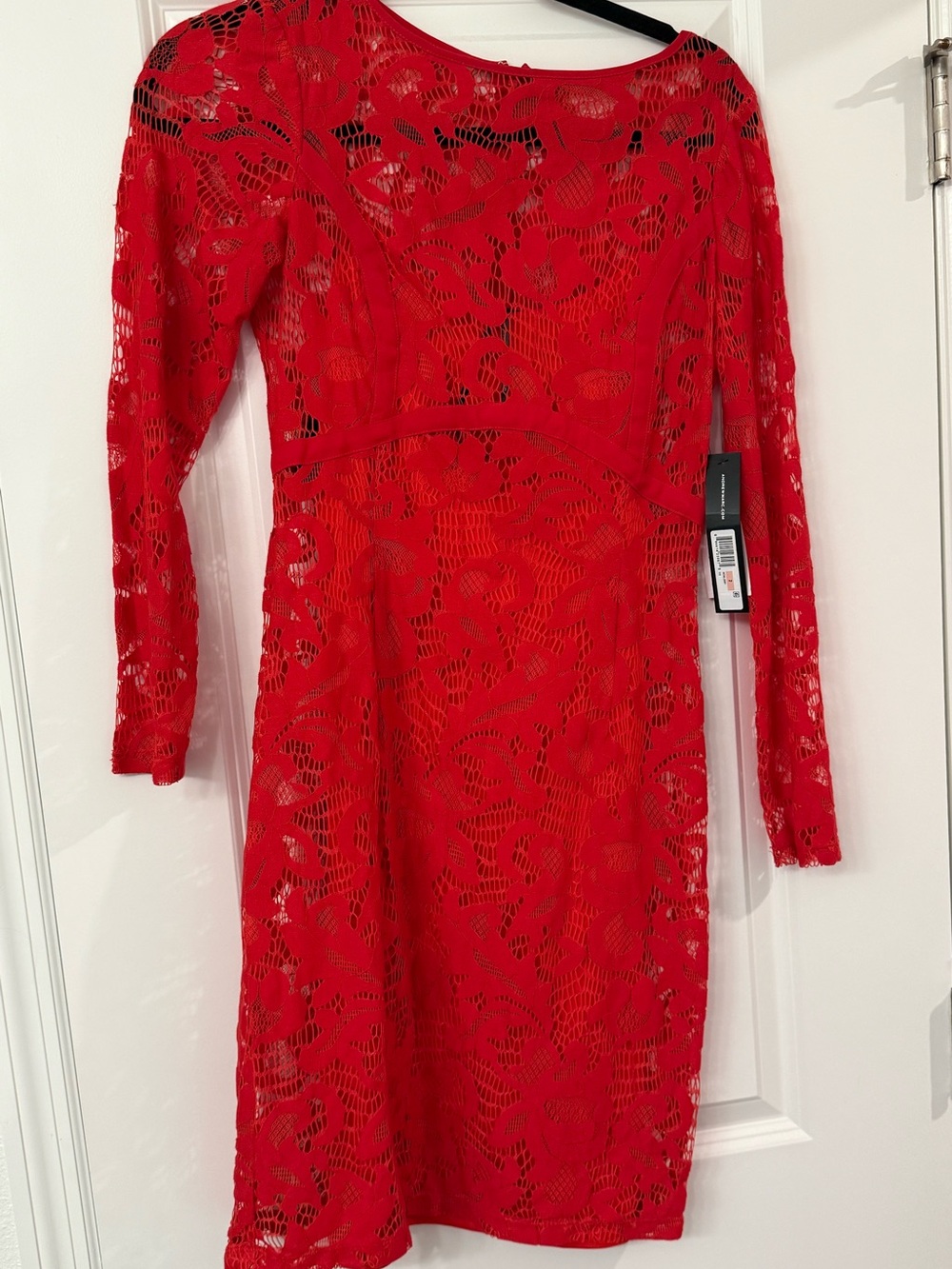 Andrew Marc Bright Red Long Sleeve Lace Sheath Dress